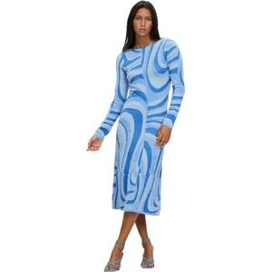 House of Sunny Blue Swirl Knit Midi Dress Y2K Long Sleeve Size 14 Retro Abstract